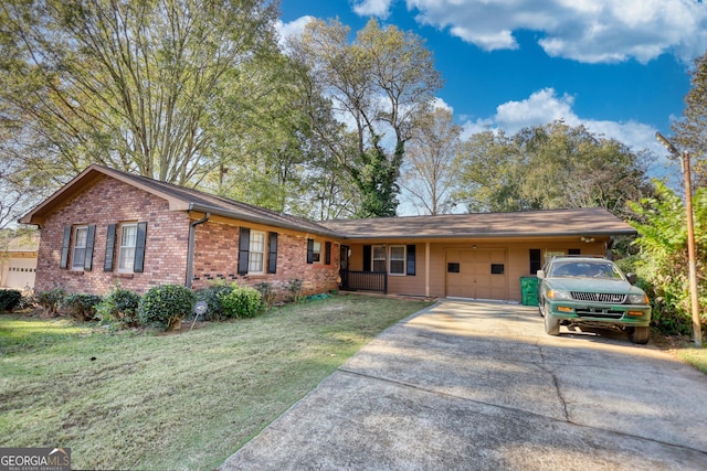 ranch-style house with a front yard and a garage