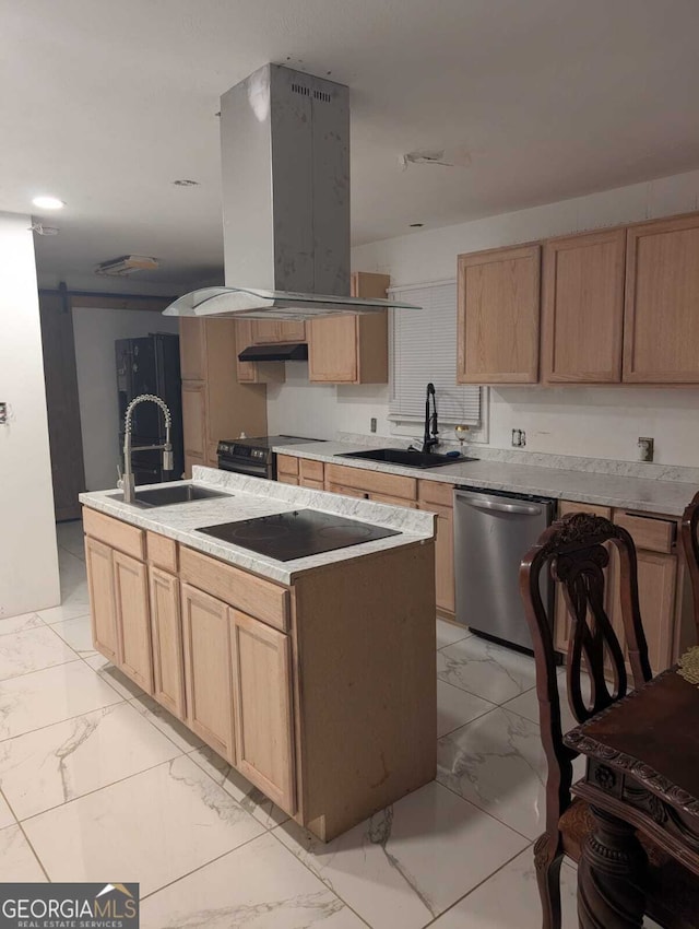 kitchen with island exhaust hood, a kitchen island with sink, sink, and black appliances