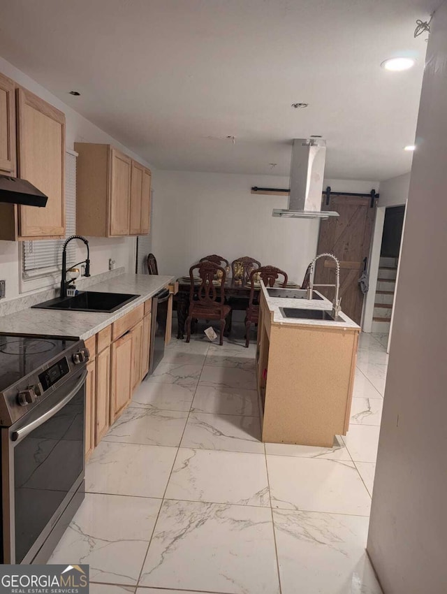 kitchen featuring light brown cabinets, exhaust hood, sink, a barn door, and appliances with stainless steel finishes