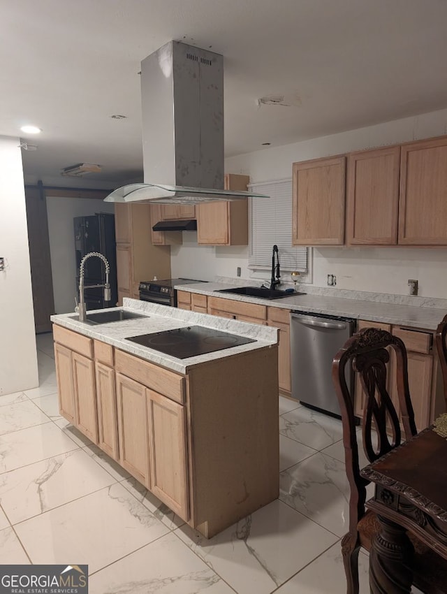 kitchen with sink, island exhaust hood, an island with sink, light brown cabinetry, and black appliances