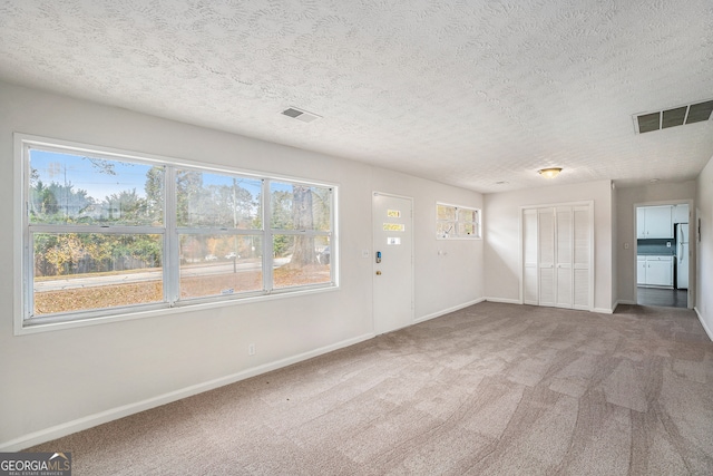 carpeted empty room with a textured ceiling and plenty of natural light