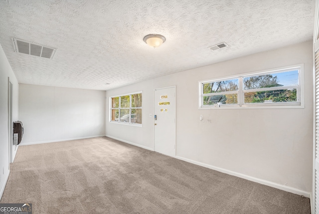 empty room with plenty of natural light, a textured ceiling, and light colored carpet