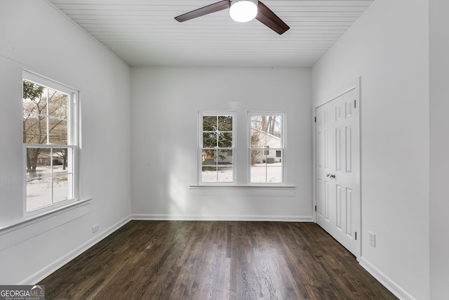 spare room featuring ceiling fan and dark hardwood / wood-style floors