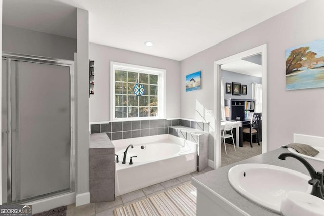 bathroom with vanity, tile patterned floors, and independent shower and bath