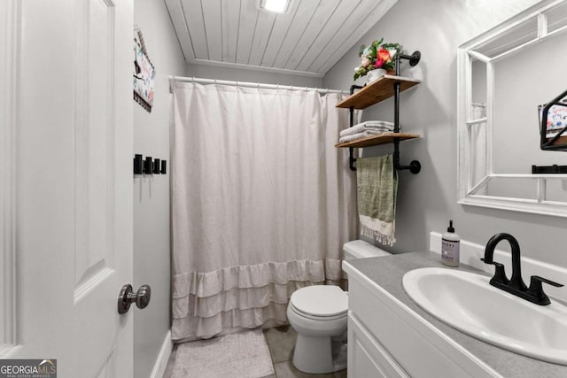 full bathroom featuring tile patterned flooring, shower / bathtub combination with curtain, vanity, wood ceiling, and toilet