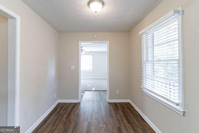 unfurnished room featuring dark hardwood / wood-style flooring, a wealth of natural light, and a textured ceiling