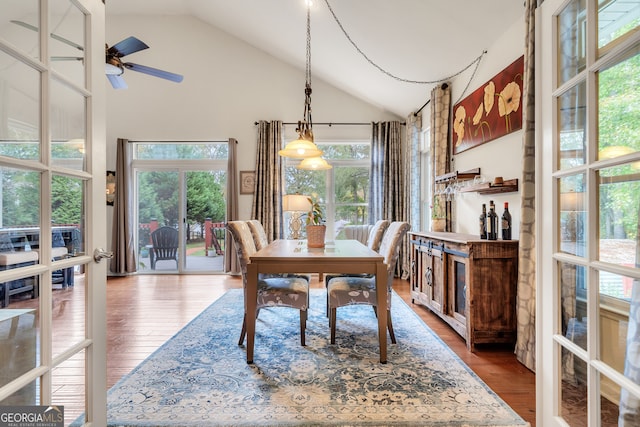 dining space featuring a wealth of natural light, high vaulted ceiling, and hardwood / wood-style flooring