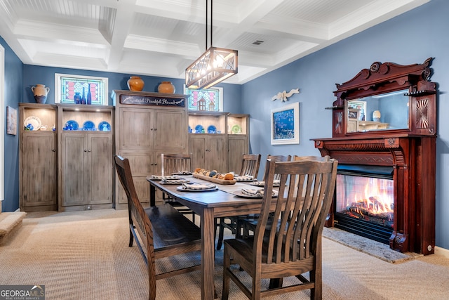 dining room featuring beamed ceiling, coffered ceiling, light colored carpet, and crown molding