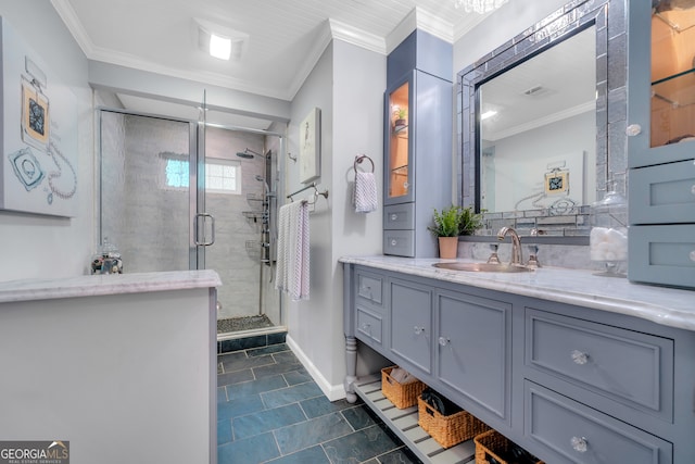 bathroom featuring walk in shower, vanity, and ornamental molding