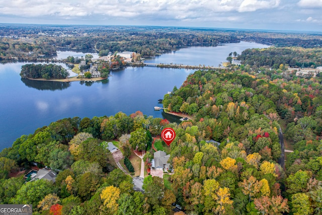 drone / aerial view featuring a water view