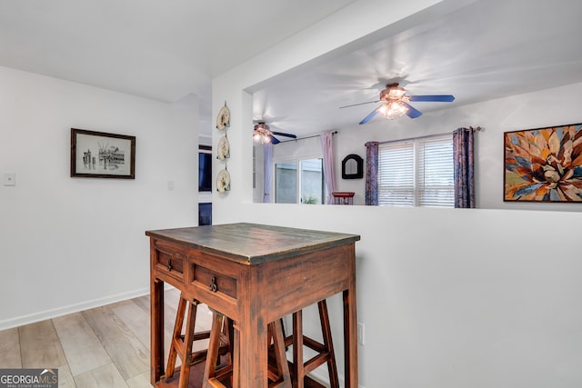 kitchen featuring ceiling fan and light hardwood / wood-style flooring