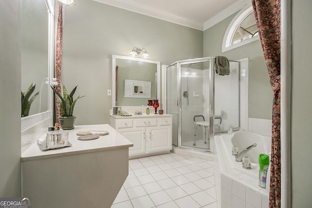 bathroom with tile patterned flooring, crown molding, vanity, a shower stall, and a bath