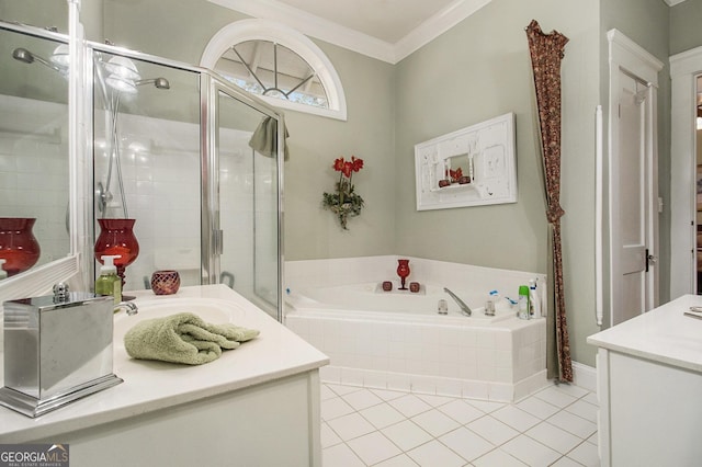 full bathroom with a stall shower, tile patterned floors, crown molding, vanity, and a bath