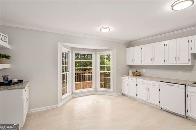 kitchen featuring white dishwasher, light stone countertops, white cabinets, and crown molding