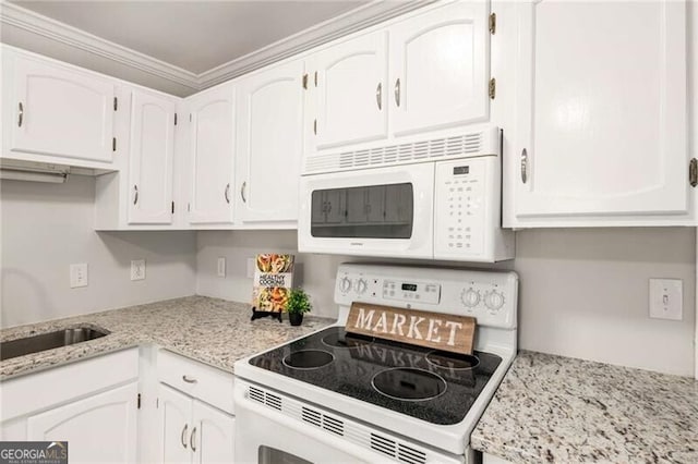 kitchen with sink, ornamental molding, light stone countertops, white appliances, and white cabinets