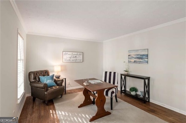 office area featuring hardwood / wood-style floors and crown molding