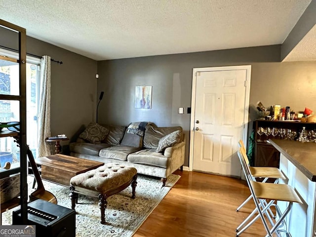 living room with wood-type flooring and a textured ceiling