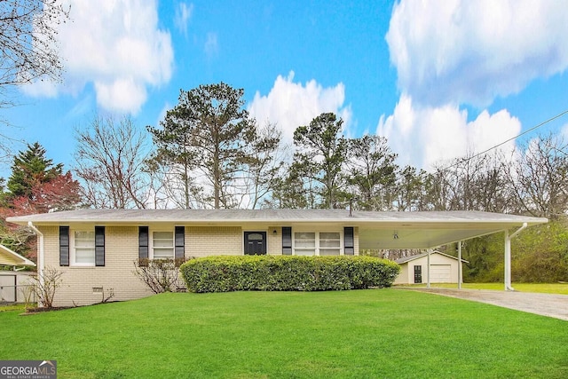 single story home featuring a garage, a front lawn, and a carport