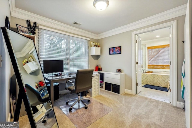 office area featuring light colored carpet and ornamental molding