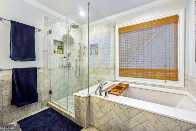 bathroom with separate shower and tub and crown molding