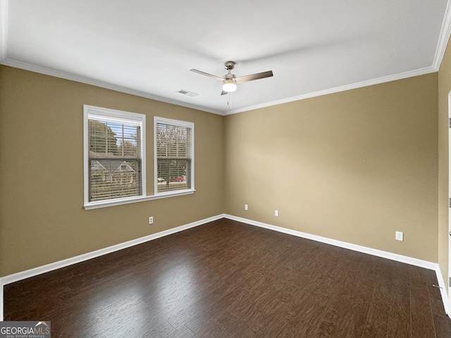 empty room with crown molding, ceiling fan, and dark wood-type flooring