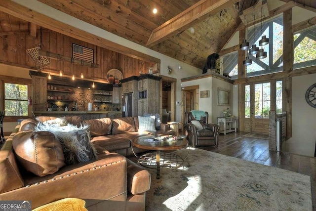 living room featuring high vaulted ceiling, dark wood-type flooring, and beam ceiling