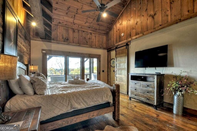 bedroom featuring access to outside, wood-type flooring, wood ceiling, high vaulted ceiling, and ceiling fan