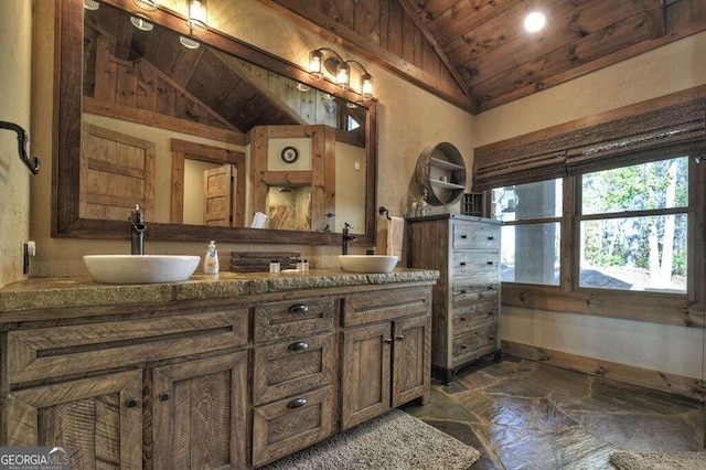 bathroom with lofted ceiling, vanity, and wooden ceiling