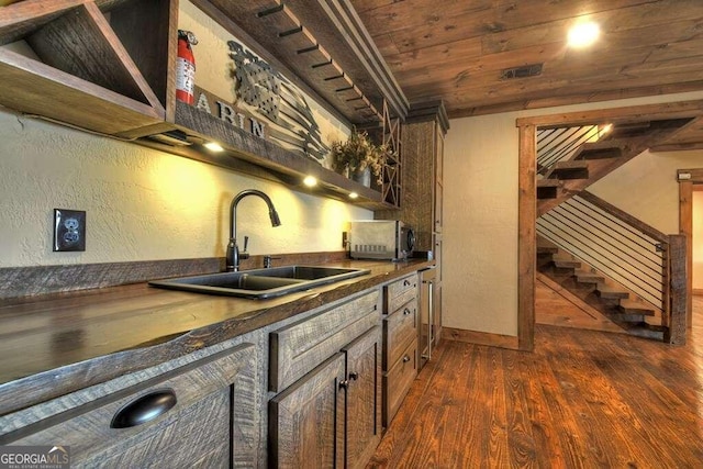 kitchen with dark wood-type flooring, wood ceiling, and sink