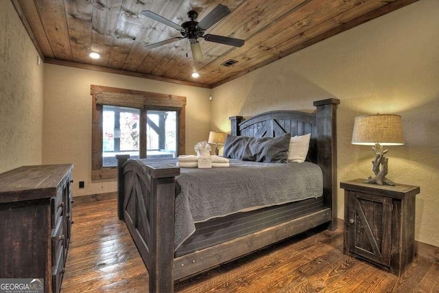 bedroom featuring wooden ceiling, dark hardwood / wood-style floors, and ceiling fan