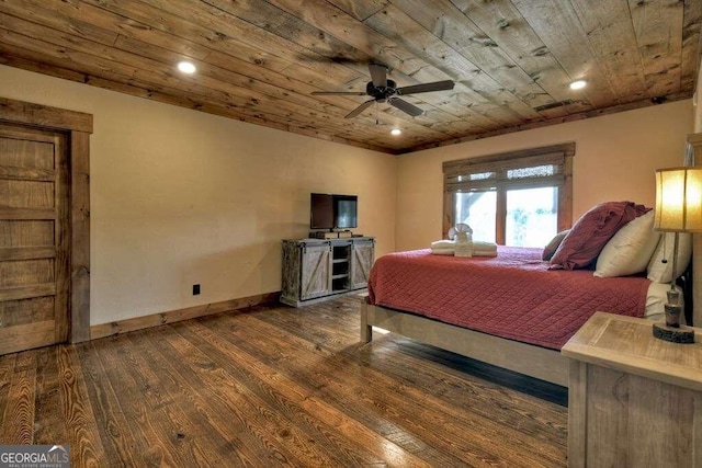 bedroom featuring dark hardwood / wood-style flooring, ceiling fan, and wooden ceiling