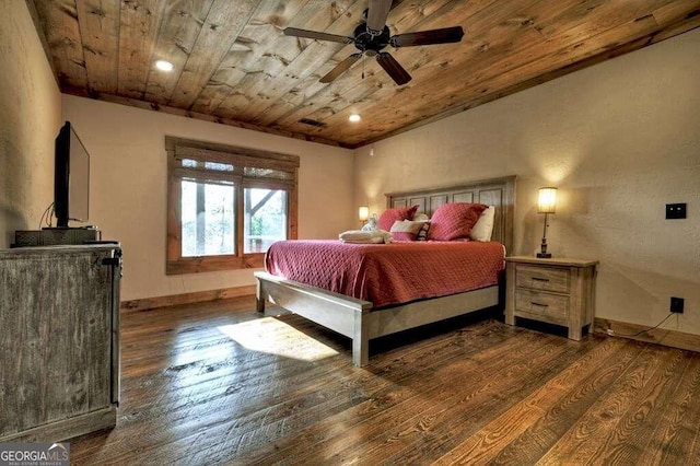 bedroom featuring dark wood-type flooring, ceiling fan, vaulted ceiling, and wooden ceiling