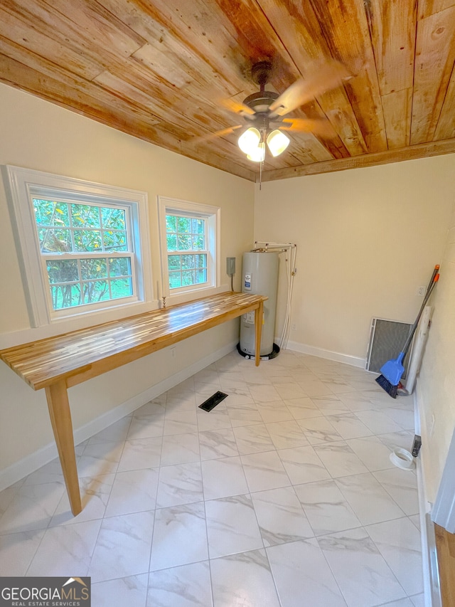 laundry area with ceiling fan, water heater, wood ceiling, and light tile patterned floors