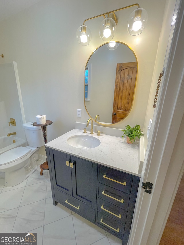 full bathroom featuring vanity, shower / tub combination, and toilet