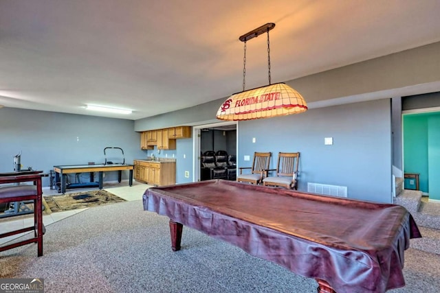 rec room featuring light colored carpet and billiards