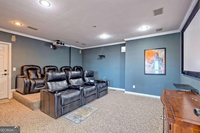 cinema with ornamental molding, carpet flooring, and a textured ceiling