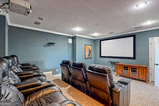 carpeted home theater room featuring a textured ceiling and crown molding