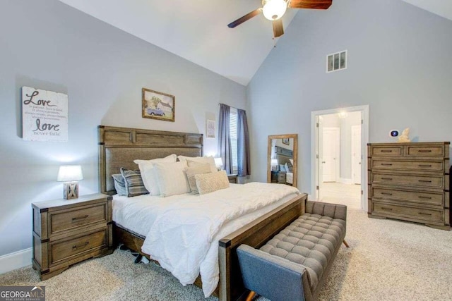 401 Night Hawk Ct, Canton, GA 30114 - bedroom with high vaulted ceiling, light colored carpet, baseboards, and a ceiling fan