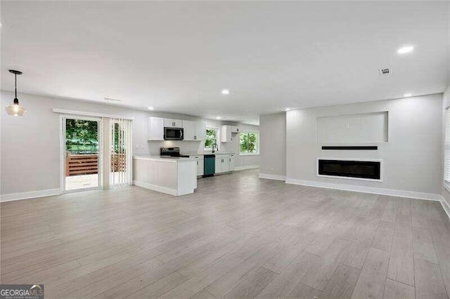 unfurnished living room featuring sink and light hardwood / wood-style flooring