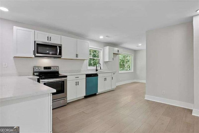 kitchen featuring light hardwood / wood-style flooring, white cabinets, sink, and stainless steel appliances