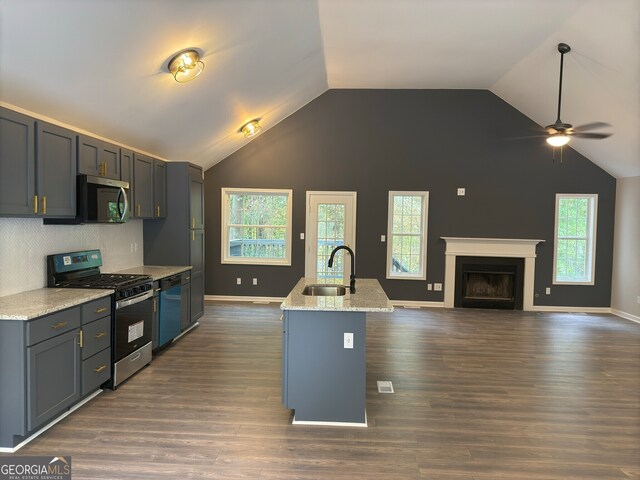 kitchen with dark hardwood / wood-style flooring, stainless steel appliances, a kitchen island with sink, and sink