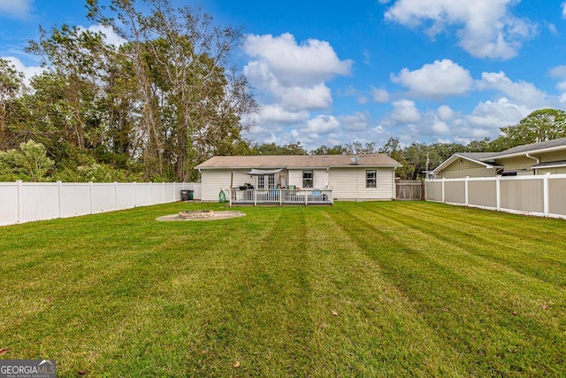 back of property with a lawn and a fenced backyard