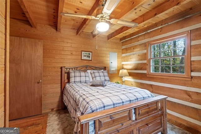 bedroom featuring dark wood-type flooring, wood walls, ceiling fan, and beam ceiling