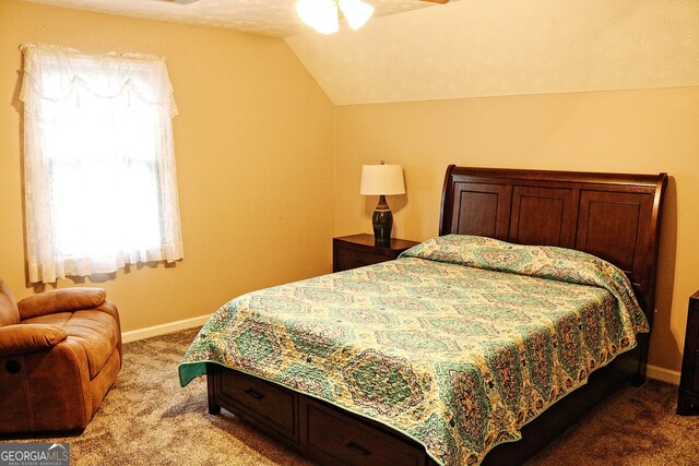 bedroom with lofted ceiling, a textured ceiling, and carpet flooring