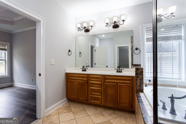 bathroom with a washtub, hardwood / wood-style flooring, vanity, and ornamental molding