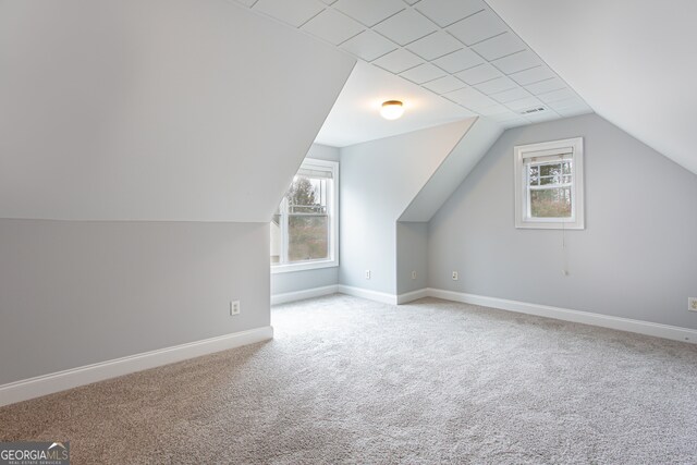 additional living space featuring vaulted ceiling and light carpet