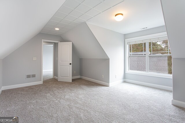 additional living space with light colored carpet and lofted ceiling