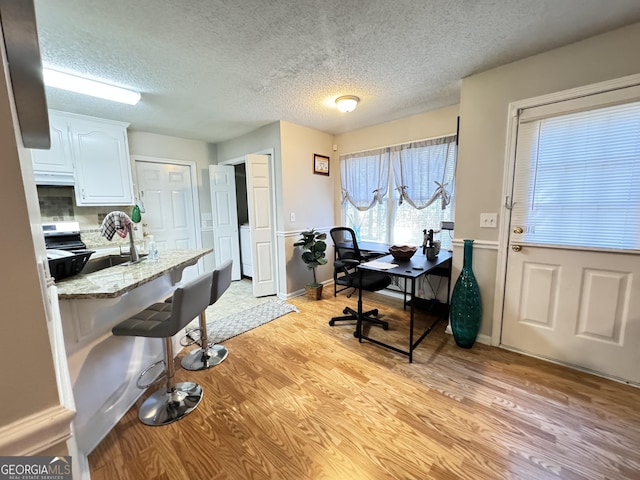 interior space featuring light wood-type flooring, washer / dryer, a textured ceiling, and sink