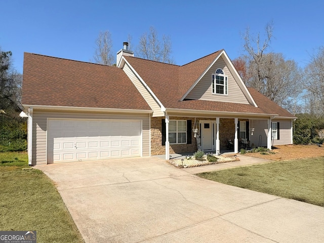 view of front facade with a front lawn, covered porch, concrete driveway, an attached garage, and a chimney