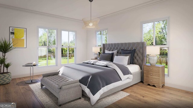 bedroom with an inviting chandelier, multiple windows, hardwood / wood-style floors, and ornamental molding